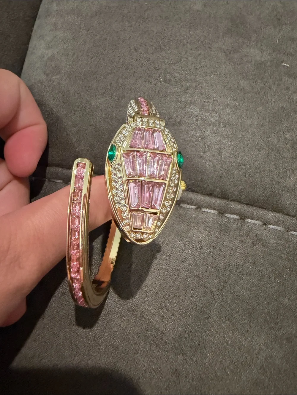 Gold-Plated Snake Cuff Bracelet Watch with Pink and Green Sones